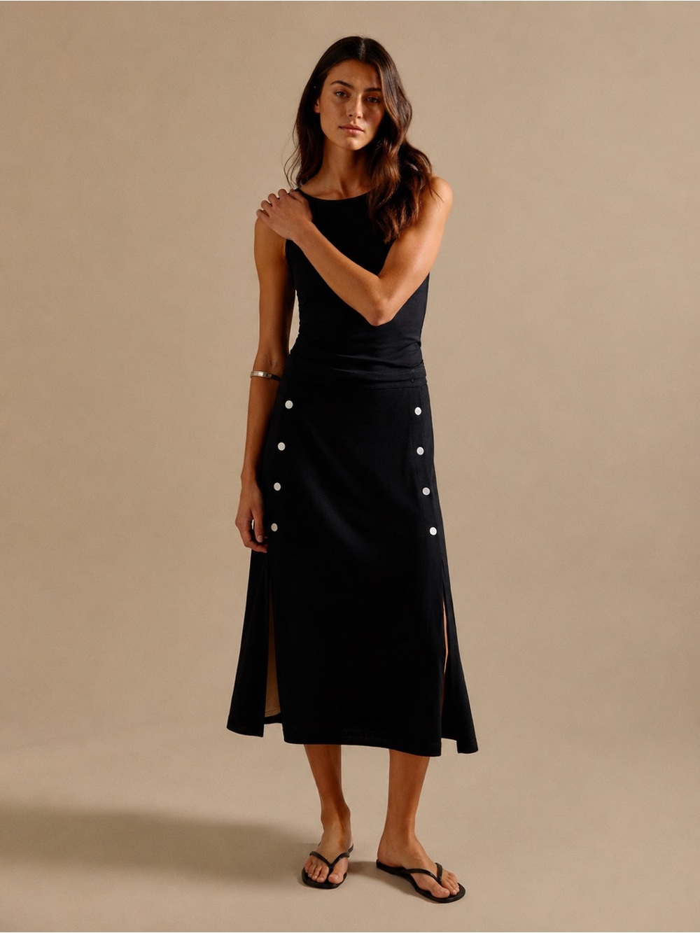 🌸 PATRIZIA LUCA Black Midi Skirt • Size S 2 4 Side Slits • Silver Button Detail